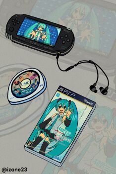 2boys 4girls cd_case cover derivative_work earphones game_console grey_background handheld_game_console hatsune_miku highres izane23 kagamine_len kagamine_rin kaito_(vocaloid) megurine_luka meiko_(vocaloid) multiple_boys multiple_girls playstation_portable project_diva_(series) project_diva_extend twitter_username video_game_cover vocaloid zoom_layer