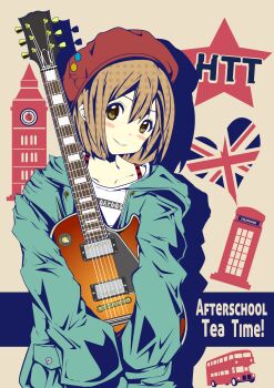 1girl absurdres aqua_jacket beret blush_stickers brown_eyes bus casual collared_shirt commentary_request double-decker_bus electric_guitar elizabeth_tower gibson_les_paul guitar hat highres hirasawa_yui holding holding_guitar holding_instrument hugging_object instrument jacket k-on! laika2slip london motor_vehicle phone_booth red_hat shirt short_hair smile solo white_shirt