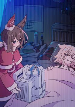 1girl 2girls admire_vega_(umamusume) animal_ears blanket bow breasts brown_hair capelet christmas christmas_present closed_mouth commentary_request curren_chan_(umamusume) dress ear_covers feigning_sleep fur-trimmed_capelet fur-trimmed_dress fur_trim futon_drying_machine gift grey_hair hair_between_eyes holding holding_gift honkawa_works horse_ears horse_girl long_hair long_sleeves lying multiple_girls on_back on_bed one_eye_closed pillow ponytail purple_eyes red_capelet red_dress santa_costume santa_dress single_ear_cover sleeping smile umamusume under_covers