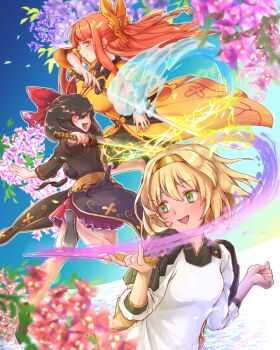 apron armor aura black_hair black_shirt black_skirt blonde_hair bow brown_headband chatan_nakiri_(tenka_hyakken) chiganemaru_(tenka_hyakken) chiyoganemaru_(tenka_hyakken) closed_mouth commentary_request dark-skinned_female dark_aura dark_skin electricity electrokinesis falling_petals flats floating_clothes floating_hair flower frilled_apron frills green_eyes headband holding holding_sword holding_weapon hydrokinesis japanese_armor kappougi long_hair long_sleeves merikoro open_mouth orange_eyes orange_hair petals red_ribbon red_skirt ribbon second-party_source shirt short_hair short_sword shoulder_armor skirt smile sode sword tachi_(weapon) tantou tenka_hyakken wakizashi water weapon yellow_bow yellow_eyes yellow_shirt