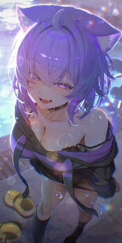 Rule 34 | 1girl, absurdres, ahoge, animal ear fluff, animal ears, black bra, black choker, bra, breasts, cat ears, cat girl, cat tail, choker, commentary request, fang, highres, hololive, large breasts, light particles, medium hair, nekomata okayu, nekomata okayu (1st costume), off shoulder, open mouth, purple eyes, purple hair, shoes, skin fang, solo, strap slip, tail, underwear, unworn shoes, virtual youtuber, yusha (lv1 yusha 522)