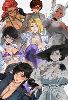 6+girls absurdres ada_wong adjusting_eyewear alcina_dimitrescu animal_print bare_shoulders bayonetta bayonetta_(series) bayonetta_2 black_gloves black_hair black_hat blue_eyes blue_lips boku_no_hero_academia bottle bra breasts brown_coat brown_shorts choker chunk_(resident_evil) cleavage coat commentary cosplay crimson_viper dark-skinned_female dark_skin diamond_(gemstone) dress elastigirl emily_(resident_evil) emma_frost english_commentary formal_clothes gloves green_eyes grey_dress hat helen_parr highres holding holding_bottle large_breasts leon_s._kennedy leon_s._kennedy_(cosplay) leopard_print leopard_print_bra marvel marvel_rivals mirko mole mole_under_mouth multiple_girls park_ongjol parted_lips print_bra purple_bra purple_thighhighs red_hair resident_evil resident_evil_requiem short_hair shorts street_fighter street_fighter_6 suit the_girl_(resident_evil) the_incredibles thighhighs underwear white_choker white_dress white_gloves white_suit x-men