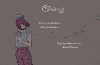 1girl black_hair caption chainsaw_man collared_shirt english_text flower hair_between_eyes hair_over_one_eye hat highres holding holding_flower limited_palette long_bangs medium_hair nazo_no_hito reze_(chainsaw_man) shirt shirt_tucked_in short_hair sidelocks sleeveless solo