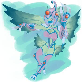 1girl absurdres armor blue_one-piece_swimsuit breasts clothing_cutout colored_skin digimon digimon_(creature) fakemon fusion green_skin helmet highres large_breasts navel_cutout one-piece_swimsuit original ranamon red_eyes shutumon swimsuit