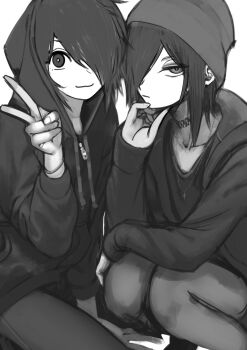 2boys 2n5 androgynous beanie grey_background hair_over_one_eye hat hood hoodie iriya-kun male_focus mikel-kun multiple_boys original simple_background smile squatting v