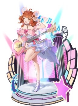 1girl :d ahoge animal_ears bare_arms bare_legs bare_shoulders blue_dress blue_footwear blush brown_hair choker collarbone crescent dress eversoul frilled_dress frills full_body game_cg guitar hamster_ears hamster_girl heart heart_guitar high_heels highres holding holding_guitar holding_instrument idol instrument looking_ahead mica_(eversoul) non-web_source official_alternate_costume official_alternate_hairstyle official_art one_eye_closed open_mouth screen scrunchie short_hair sleeveless smile socks solo stage stage_lights standing standing_on_one_leg star_(symbol) tachi-e transparent_background truss v white_socks wrist_scrunchie yellow_eyes