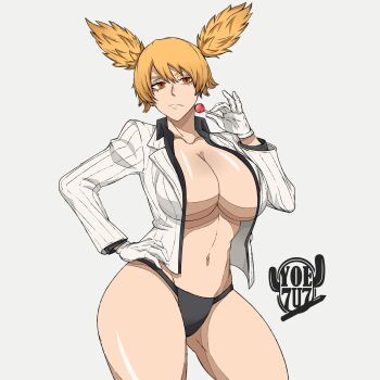 1girl :/ artist_name breasts buttons candy cleavage closed_mouth collarbone food gloves hair_between_eyes hand_on_own_hip highres huge_breasts jacket lollipop long_sleeves looking_at_viewer medium_hair momokusa_yomogi navel no_bra open_clothes shiny_skin simple_background solo standing striped_clothes striped_jacket thong tougen_anki twintails v-shaped_eyebrows vertical-striped_clothes vertical-striped_jacket white_gloves white_jacket wide_hips yellow_eyes yoe_7u7