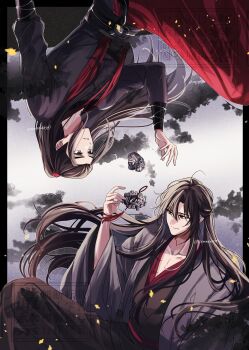 2boys absurdres actor ahoge bishounen black_border black_eyes black_hair black_hanfu black_sash border brown_hair chen_qing_ling chinese_clothes closed_mouth cloud coat collarbone dark_cloud falling_petals floating floating_hair floating_object floating_weapon flute grey_coat hair_down half_updo hand_up hanfu headband high_ponytail highres holding instrument long_hair long_sleeves looking_at_object male_focus modao_zushi multiple_boys official_alternate_costume official_alternate_hairstyle open_clothes open_coat parted_lips petals ponytail red_eyes red_sash robe sash sean_xiao semiusa1010 sidelocks simple_background sitting smile tassel tunic twitter_username upper_body upside-down watermark wei_wuxian wei_wuxian_(yiling_laozu) white_background white_headband wide_sleeves yaoi yinhufu_(weapon)