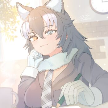 1girl :3 ancolatte_(onikuanco) animal_ears blue_eyes blush coat drawing_(action) fang fur_collar gloves grey_coat grey_hair grey_necktie grey_wolf_(kemono_friends) hair_between_eyes heterochromia highres kemono_friends long_hair long_sleeves multicolored_hair necktie pencil plaid_clothes plaid_necktie sidelocks sleeve_cuffs smile solo white_fur white_gloves white_hair wolf_ears wolf_girl yellow_eyes