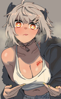 1girl bell belly breasts bright_pupils choker cleavage crop_top ergot fingernails fur_trim grey_hair hair_ornament hairpin hands_on_own_chest heavy_breathing horns jacket large_breasts looking_at_viewer navel neck_bell original simple_background square_pupils tattoo tongue tongue_out white_pupils yellow_nails