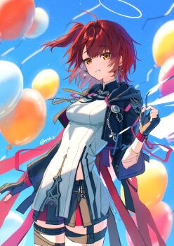 1girl arknights balloon black_gloves breasts cross cross_earrings earrings exusiai_(arknights) exusiai_the_new_covenant_(arknights) fingerless_gloves gloves grin highres holding holding_balloon jewelry looking_at_viewer matsuoka_(mtok_0) medium_breasts one_side_up orange_eyes red_hair short_hair sky smile solo