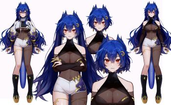 1girl absurdres bare_shoulders black_boots black_bridal_gauntlets blue_hair bodysuit boots bracelet breasts bridal_gauntlets closed_mouth constellation crescent crescent_hair_ornament cropped_jacket crossed_arms dragon_girl earrings fake_claws gold_claws hair_between_eyes hair_ornament highres indie_virtual_youtuber jacket jewelry large_breasts legs long_hair mole_under_breast multiple_views navel official_art red_eyes reference_sheet see-through_bodysuit see-through_cleavage see-through_clothes short_hair shorts starry_hair szainx thigh_marking thighs twintails vienna_(6th_costume)_(vtuber) vienna_(vtuber) virtual_youtuber white_background white_jacket white_shorts yellow_nails