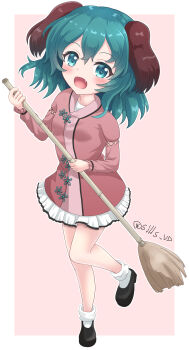 1girl animal_ears broom dress fang full_body green_eyes green_hair highres holding holding_broom kasodani_kyouko open_mouth sills socks solo touhou white_socks