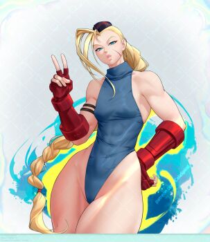 1girl ahoge arm_strap artist_name bare_shoulders blonde_hair blue_eyes braid braided_ponytail breasts cammy_white contrapposto covered_abs covered_navel curvy facial_scar fingerless_gloves gabriel_carrasquillo garrison_cap gloves green_leotard hand_on_own_hip hand_up hat highleg highleg_leotard highres huge_ahoge leotard long_hair looking_at_viewer parted_lips red_gloves scar scar_on_cheek scar_on_face shiny_skin sleeveless_turtleneck_leotard small_breasts solo street_fighter taut_leotard thick_thighs thighs thong_leotard toned twin_braids v very_long_hair wide_hips wrist_guards