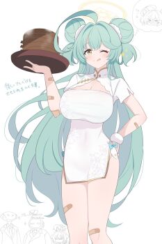 1girl 2girls :p ahoge alternate_costume android_(blue_archive) bandaid blue_archive blush breasts china_dress chinese_clothes cleavage closed_mouth double_bun dress food green_hair hair_between_eyes hair_bun hair_ornament highres hoshino_(blue_archive) hoshino_ouka large_breasts looking_at_viewer multiple_girls non-humanoid_robot robot simple_background solo tongue tongue_out white_background yellow_eyes yume_(blue_archive)