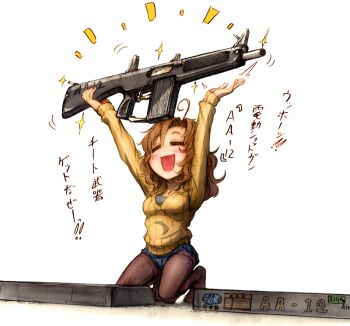 1girl =_= aa-12 ahoge artist_self-insert automatic_shotgun bad_id bad_twitter_id box brown_hair combat_shotgun extended_magazine female_focus gun high-capacity_magazine imizu_(nitro_unknown) imizu_(nitro_unknown)_(character) kneeling open_mouth original pantyhose pantyhose_under_shorts ponytail real_life_insert ribbed_sweater short_ponytail short_shorts shorts shotgun smile solo sparkle sweater translation_request weapon