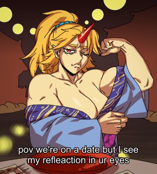 1girl absurdres biceps blonde_hair blue_kimono breasts cleavage cone_horns cup eddybird55555 facing_viewer highres horns hoshiguma_yuugi hoshiguma_yuugi_(kimono) japanese_clothes kimono large_breasts muscular muscular_female red_eyes sakazuki touhou