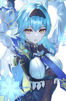 1girl absurdres black_gloves black_hairband blue_hair blue_necktie blush breasts eula_(genshin_impact) genshin_impact gloves hair_between_eyes hair_ornament hairband highres large_breasts long_hair long_sleeves looking_at_viewer medium_breasts medium_hair necktie pontaro2 purple_eyes solo yellow_eyes