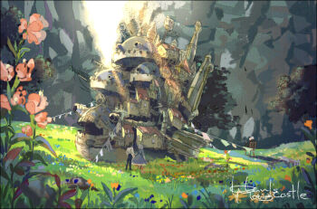 00s 2boys 2girls black_hair border building chair child clothesline copyright_name dog dress field flower foreshortening from_behind heen holding_hands howl howl_no_ugoku_shiro howl_pendragon laundry markl masso mountain multiple_boys multiple_girls old old_woman orange_hair outdoors scenery short_hair silver_hair sophie sophie_hatter_(howl_no_ugoku_shiro) standing studio_ghibli witch_of_the_waste