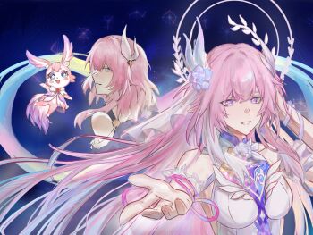 2girls aqua_hair bai_qi_(lofter_1960668215) bare_shoulders blue_eyes breasts coat commentary_request cyrene_(aedes_elysiae)_(honkai:_star_rail) cyrene_(honkai:_star_rail) cyrene_(ripples_of_past_reverie)_(honkai:_star_rail) diamond-shaped_pupils diamond_(shape) dress dual_persona flower hair_flower hair_ornament halo highres honkai:_star_rail honkai_(series) large_breasts looking_at_viewer mem_(honkai:_star_rail) multicolored_hair multiple_girls night night_sky pink_hair purple_coat purple_eyes purple_hair reaching reaching_towards_viewer sky smile star-shaped_pupils star_(symbol) symbol-shaped_pupils white_dress white_hair