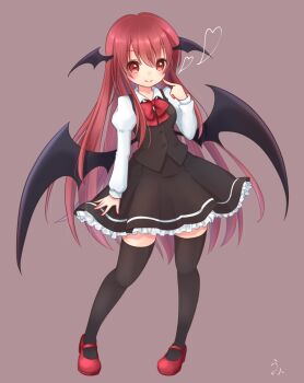 1girl bat_wings black_skirt black_thighhighs black_vest blush bow bowtie breasts brown_background commentary demon_girl finger_to_cheek full_body head_wings heart juliet_sleeves koakuma long_hair long_sleeves looking_at_viewer mary_janes puffy_sleeves red_bow red_bowtie red_eyes red_hair red_shoes shirt shoes signature simple_background skirt skirt_set small_breasts smile solo straight_hair thighhighs touhou umi_mutsuki very_long_hair vest white_shirt wings zettai_ryouiki