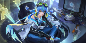 1girl absurdres ahoge black_gloves blue_hair bow_(weapon) braid breasts capelet chair chi_cha collared_shirt computer desk feet_on_chair gloves goggles goggles_on_head green_eyes green_hair highres looking_at_viewer monitor multicolored_hair multiple_monitors non-web_source office_chair official_art pink_lips screwdriver shirt small_breasts solo swivel_chair twin_braids two-tone_hair wangzhe_rongyao weapon white_capelet