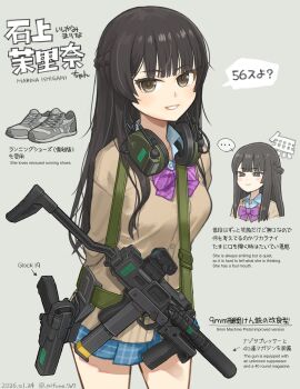 Rule 34 | ..., bow, bowtie, brown cardigan, brown eyes, cardigan, commentary request, glock, gun, gun sling, handgun, highres, holster, holstered, load bearing vest, long hair, looking at viewer, mifune ( mifune 707), minebea pm-9, original, purple bow, purple bowtie, rifle, school uniform, scope, shoes, sneakers, speech bubble, submachine gun, suppressor, tactical school uniform, weapon