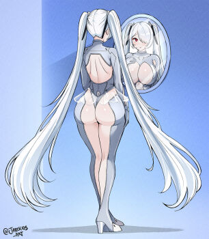 1girl armpit_cutout ass blush bodysuit breasts cinderella_(nikke) cleavage cleavage_cutout clothing_cutout commission gloves goddess_(nikke) goddess_of_victory:_nikke grey_bodysuit hair_over_one_eye jarckius large_breasts leg_cutout long_hair looking_at_viewer navel_cutout one_eye_covered red_eyes see-through_bodysuit see-through_clothes see-through_footwear see-through_skirt shiny_eyes simple_background skirt solo stomach_cutout twintails very_long_hair white_hair