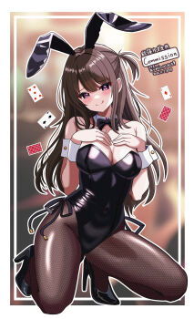 1girl absurdres ace_(playing_card) ace_of_diamonds akishino_yuzuki animal_ear_hairband animal_ears black_bow black_bowtie black_leotard black_pantyhose black_shoes blush bow bowtie breasts card cleavage commentary_request commission detached_collar diamond_(shape) fake_animal_ears five_of_hearts full_body hairband hands_on_own_chest high_heels highres indie_virtual_youtuber leotard medium_breasts one_side_up pantyhose playboy_bunny playing_card rabbit_ears rabbit_tail shiny_leotard shoes side-tie_leotard skeb_commission solo strapless strapless_leotard tail translation_request two_of_spades virtual_youtuber wrist_cuffs yanapy