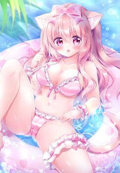 1girl animal_ear_fluff animal_ears barefoot bikini blush bow breasts cameltoe cat_ears cat_girl cat_tail chiika_(cure_cherish) cleavage floating food_print frilled_thigh_strap fruit_print hair_bow highres innertube knee_up legs long_hair looking_at_viewer lying navel on_back open_mouth original outdoors pink_bikini pink_eyes pink_hair ribbon side-tie_bikini_bottom smile solo spread_legs strawberry_print striped_bikini striped_clothes swim_ring swimsuit tail thigh_strap thighs water