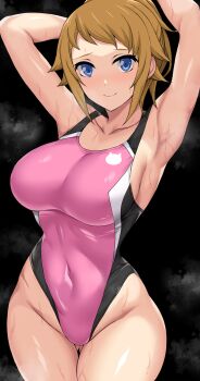 1girl arms_behind_head ass bare_shoulders black_background blue_eyes breasts brown_hair covered_navel cowboy_shot gluteal_fold groin gundam gundam_build_fighters highleg highleg_one-piece_swimsuit highres hoshino_fumina large_breasts long_hair looking_at_viewer multicolored_swimsuit nirowata one-piece_swimsuit pink_one-piece_swimsuit ponytail solo swimsuit