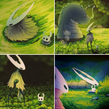 1girl 2others 4koma acid alicezakat animalization arthropod_girl artist_name black_eyes black_skin blank_eyes blue_cloak blurry blurry_background brown_cloak bush charm_(hollow_knight) cloak colored_skin comic crawling facing_another from_above from_behind from_side full_body gameplay_mechanics grass green_theme hand_up high_collar highres holding hollow_knight hollow_knight_(character) hornet_(hollow_knight) in-universe_location knight_(hollow_knight) legs_apart liquid looking_at_another multiple_others multiple_views nervous outdoors red_cloak reflection rock sequential siblings signature slug spoilers standing steam wetland sweat swimming twitter_username unn_(hollow_knight)