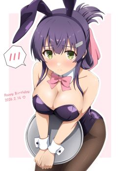 Rule 34 | 1girl, animal ear hairband, animal ears, black leotard, black pantyhose, bow, bowtie, breasts, cleavage, commentary request, dated, detached collar, fake animal ears, folded ponytail, green eyes, hairband, happy birthday, highres, large breasts, leotard, looking at viewer, ototsu (nitta225), pantyhose, pink bow, pink bowtie, playboy bunny, purple eyes, rabbit ears, solo, spoken blush, strapless, strapless leotard, toji no miko, tray, wrist cuffs, yanase mai