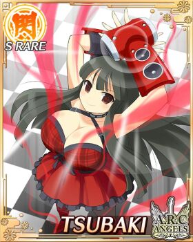 1girl black_hair border breasts card_(medium) character_name choker closed_mouth dress english_text from_above game_cg gauntlets hime_cut large_breasts long_hair looking_at_viewer official_alternate_costume official_art pantyhose red_dress red_eyes senran_kagura senran_kagura_new_wave smile solo sound_effects speaker tile_floor tiles tsubaki_(senran_kagura) weaponized_instrument