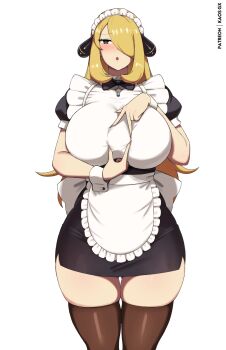 1girl :o alternate_breast_size_(larger) alternate_costume apron black_bow black_bowtie blonde_hair bow bowtie breasts brown_thighhighs commentary curvy cynthia_(pokemon) english_commentary enmaided grey_eyes hair_ornament highres huge_breasts kaos_art looking_at_viewer maid maid_apron maid_headdress miniskirt nintendo paizuri_invitation pencil_skirt pokemon pokemon_dppt puffy_short_sleeves puffy_sleeves short_sleeves simple_background skindentation skirt solo thigh_gap thighhighs thighs white_apron white_background wrist_cuffs
