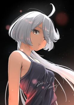 1girl ahoge black_camisole black_eyes breasts camisole closed_mouth commentary_request dated grey_hair gundam gundam_suisei_no_majo long_hair looking_at_viewer miorine_rembran serike_w signature small_breasts solo upper_body