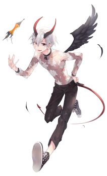 1boy absurdres apfhs72 black_feathers black_legwear black_shoes black_wings collar collarbone commentary_request demon_horns demon_tail destiny_child devil earrings feathers flower frej_(destiny_child) full_body grin hair_between_eyes hand_on_own_hip highres horns incubus_general jewelry lock looking_at_viewer male_focus navel open_mouth pointy_ears red_eyes red_tail see-through_clothes see-through_shirt shirt shoes short_hair simple_background single_wing smile sneakers solo tail throwing transparend_shirt white_background white_hair wings