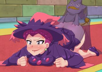 1boy 1girl all_fours anger_vein ass banette banette_(cosplay) bestiality black_eyes blush breast_press breasts closed_mouth commission cosplay doggystyle dress earrings gen_1_pokemon gen_3_pokemon gen_4_pokemon hat hetero highres indoors jessie_(pokemon) jewelry kibazoku medium_breasts meowth mismagius mismagius_(cosplay) nintendo no_panties pink_hair pokemon pokemon_(anime) pokephilia purple_dress purple_shoes red_carpet see-through_clothes see-through_dress sex sex_from_behind shoes size_difference smile variant_set witch_hat