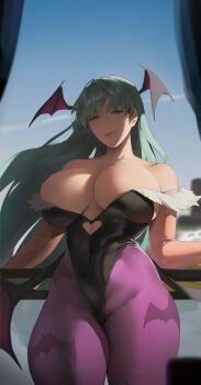 1girl absurdres alios_arvin animal_print bare_shoulders bat_print bat_wings black_leotard breasts clothing_cutout darkstalkers demon_girl fur-trimmed_leotard fur_trim green_eyes green_hair head_wings heart_cutout highleg highleg_leotard highres large_breasts leotard long_hair looking_at_viewer morrigan_aensland pantyhose print_pantyhose purple_pantyhose solo wings