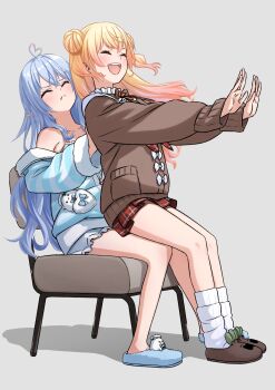 2girls adapted_costume ahoge blonde_hair blue_hair blue_jacket bow bowtie brown_bow brown_bowtie brown_cardigan cardigan chair closed_eyes closed_mouth collar crossed_bangs double_bun elf floating_hair frilled_collar frilled_shorts frills gradient_hair grey_shorts hair_bun heart heart_ahoge highres hololive jacket long_hair long_sleeves loose_socks momosuzu_nene momosuzu_nene_(casual) multicolored_hair multicolored_jacket multiple_girls nekko_(momosuzu_nene) off_shoulder official_alternate_costume official_alternate_hairstyle on_chair open_hands open_mouth outstretched_arms panties pink_hair pink_panties plaid_clothes plaid_skirt pleated_skirt pointy_ears pushing pushing_away rainna red_skirt shorts sidelocks sitting sitting_on_lap sitting_on_person skirt sleepwear slippers smile socks striped_clothes striped_jacket teeth two-tone_jacket underwear upper_teeth_only virtual_youtuber white_jacket white_socks yukihana_lamy yukihana_lamy_(roomwear) yukimin_(yukihana_lamy)