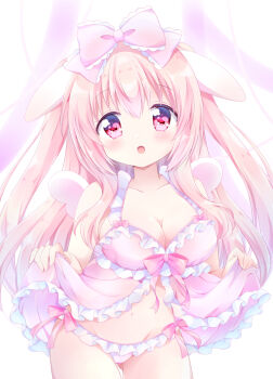 1girl animal_ears babydoll babydoll_lift bow bow_babydoll bow_panties breasts chiika_(cure_cherish) cleavage commission cowboy_shot frilled_babydoll frilled_panties frills gluteal_fold groin hair_bow large_breasts long_hair midriff navel open_mouth original panties pink_bow pink_hair pink_panties pixiv_commission rabbit_ears red_eyes solo stomach thighhighs two_side_up underwear yume_kawaii
