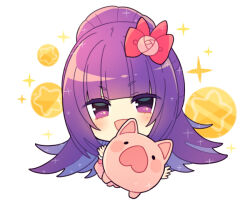 Rule 34 | 1girl, :d, bad id, bad pixiv id, blunt bangs, bow, chibi, cropped torso, flower, hair bow, hair flower, hair ornament, hanazono shuka, idol time pripara, long hair, looking at viewer, n (m ohkamotoh), open mouth, piggy bank, pink bow, ponytail, pretty series, pripara, purple eyes, purple hair, smile, solo, sparkle, upper body, white background