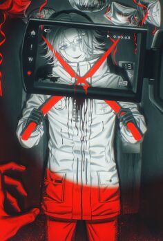 1boy 1other 7nite absurdres aotsuki_eito balloon black_gloves blood blood_on_clothes breast_pocket chinese_commentary commentary cowboy_shot english_commentary glasses gloves grey_hair head_tilt highres holding holding_scissors implied_suicide jacket looking_at_viewer male_focus mixed-language_commentary pocket pov pov_hands purple_eyes recording scissors short_hair smile solo_focus the_hundred_line_-last_defense_academy- video_camera white_jacket