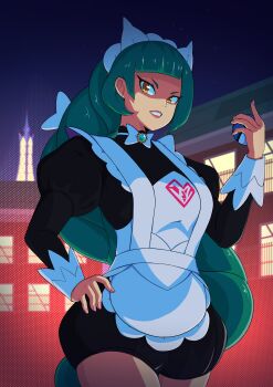 1girl absurdres apron black_romper blunt_bangs bow bowtie braid braided_ponytail breasts clenched_teeth green_hair hand_on_own_hip hand_up highres juliet_sleeves kytobitt lebanne_(pokemon) long_braid long_hair long_sleeves maid maid_apron maid_headdress medium_breasts nintendo pink_lips pokemon pokemon_legends:_z-a puffy_sleeves romper teeth tsurime v-shaped_eyebrows white_bow white_bowtie