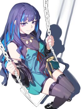 1girl absurdres black_hair black_jacket black_shorts blue_hair breasts chain colored_inner_hair dantonphanton dress eyeliner facial_mark fate/grand_order fate_(series) gold_trim green_dress grey_eyes grey_thighhighs grin highres jacket jewelry long_hair long_sleeves looking_at_viewer makeup multicolored_hair necklace off_shoulder open_clothes open_jacket shorts sidelocks sitting small_breasts smile solo swing tenochtitlan_(event_portrait)_(fate) tenochtitlan_(fate) thighhighs thighs