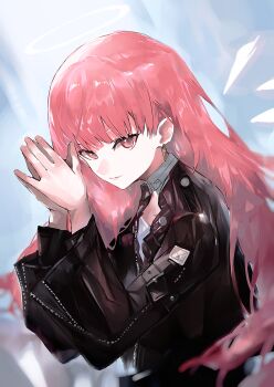 1girl absurdres arknights black_jacket closed_mouth commentary earrings halo highres jacket jewelry lemuen_(arknights) long_hair long_sleeves looking_at_viewer own_hands_together palms_together pink_eyes pink_hair solo sudadachi traditional_halo upper_body white_halo zipper