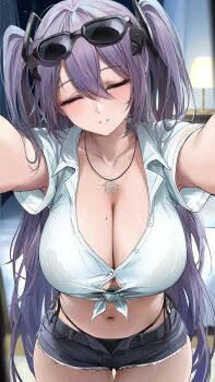 1girl absurdres azur_lane bedroom bikini black_bikini blush breasts buttons cleavage closed_eyes collarbone commission commissioner_upload cowboy_shot crop_top eyewear_on_head grey_hair hair_between_eyes hair_ornament highres imminent_kiss intrepid_(azur_lane) jewelry lamp large_breasts long_hair midriff miniskirt mole mole_on_breast necklace non-web_source re0n shirt shorts sidelocks skirt sleep_token_(band) smile swimsuit thick_thighs thighs two_side_up white_shirt