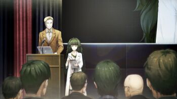 1boy 1girl 6+others alexis_leskinen artificial_intelligence bald blonde_hair blunt_bangs brown_jacket buttons closed_mouth clothing_request coat collar collarbone collared_shirt computer crowd curtains dress flat_chest from_behind game_cg glasses green_collar green_eyes green_hair green_trim grey_dress grin height_difference highres hiyajou_maho hiyajou_maho_(salieri) holding holding_tablet_pc hood hood_down hoodie huke jacket lab_coat lapels laptop long_hair long_sleeves looking_at_another messy_hair microphone multiple_others nape non-web_source notched_lapels official_art rabbit_zipper ringed_eyes science_adventure shirt short_hair smile square_pupils standing steins;gate steins;gate_0 tablet_pc thick_eyebrows very_long_hair very_short_hair white_coat white_shirt
