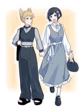 Rule 34 | 2girls, absurdres, alternate costume, bag, belt, black bag, black pants, black shirt, black shoes, blonde hair, blue eyes, blue hair, casual, collared shirt, commentary request, cone hair bun, double bun, dress, frilled dress, frills, fukurai azami, full body, grey dress, hair bun, highres, holding, holding bag, holding hands, jasmine (toshi densetsu kaitai center), long sleeves, looking at another, multiple girls, open mouth, pants, sandals, see-through clothes, see-through sleeves, shinkishi, shirt, shoes, short hair, smile, socks, standing, toshi densetsu kaitai center, white belt, white socks