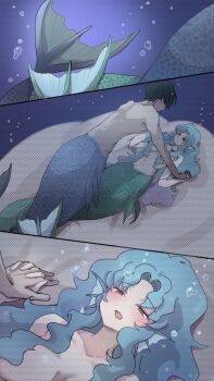 1girl air_bubble bikini black_hair blue_scales blush boy_on_top breasts bubble cleavage collarbone commentary_request couple fins green_scales hair_over_breasts half-closed_eyes head_fins hetero highres interlocked_fingers intertwined_tails komena_(shinyday312) large_breasts long_hair looking_at_another mermaid mermaid_with_mermaid merman mina_(komena) minato_(komena) monster_boy monster_girl navel on_bed open_mouth original parted_bangs shadow shell shell_bikini short_hair sidelocks smile stomach swimsuit topless_female topless_male underwater wavy_hair yellow_eyes